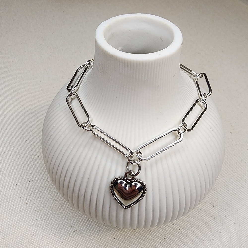 Dainty Silver Heart Pendant Paperclip Link Bracelet